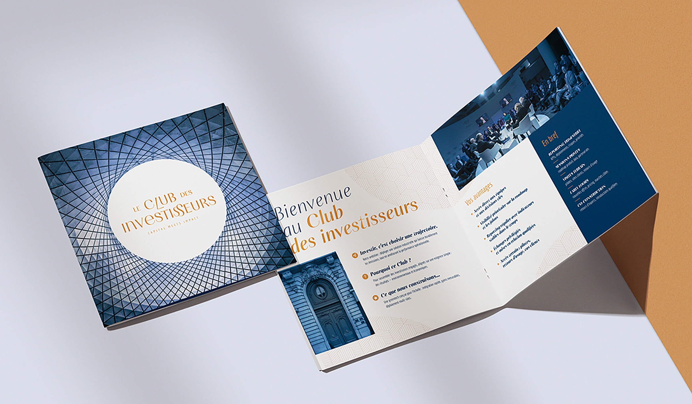 Brochure du Club des Investisseurs avec design moderne et professionnelle. Communication print pour investisseurs. Design graphique Kraft Design