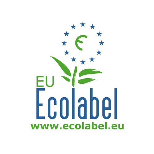 Logo de l'Écolabel européen avec feuille verte et étoiles bleues.
