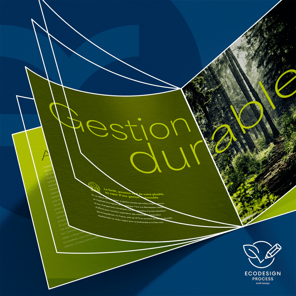 Brochure sur la gestion durable et l'écologie, conçue par Kraft D., agence de design graphique.