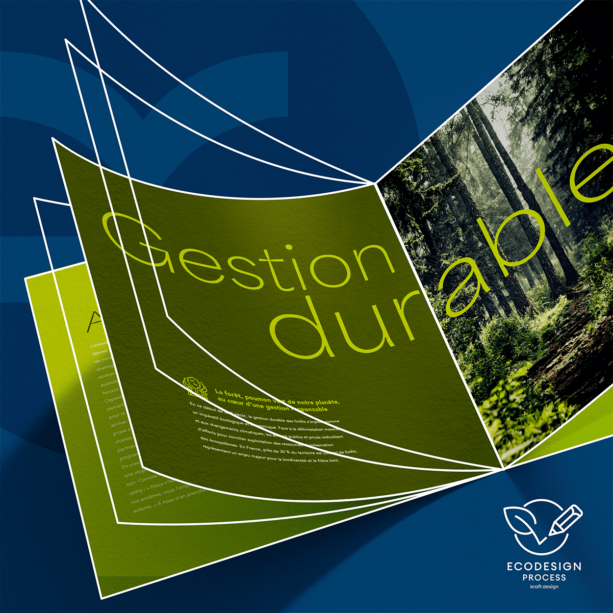 Brochure sur la gestion durable et l'écologie, conçue par Kraft D., agence de design graphique.