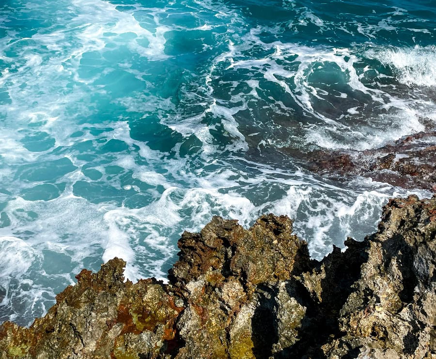 海辺の岩の上で砕ける波。.