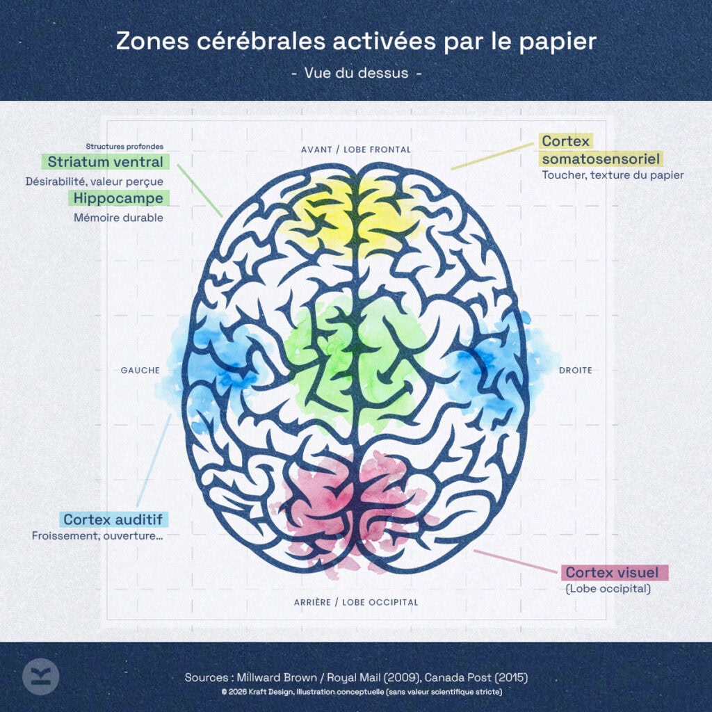 Schéma des zones cérébrales activées par le papier en impression et design graphique.