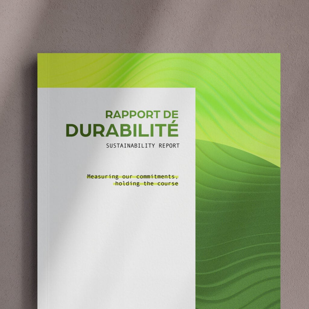 Rapport RSE avec design graphique vert et blanc.